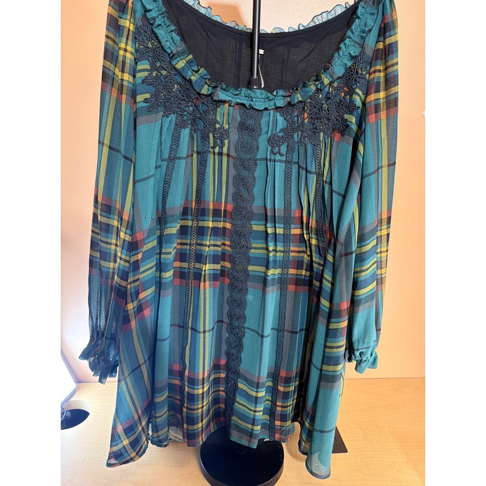 Free People Teal Green Plaid Lace Trim Ruffle Tunic Blouse Med Boho Long Sleeve